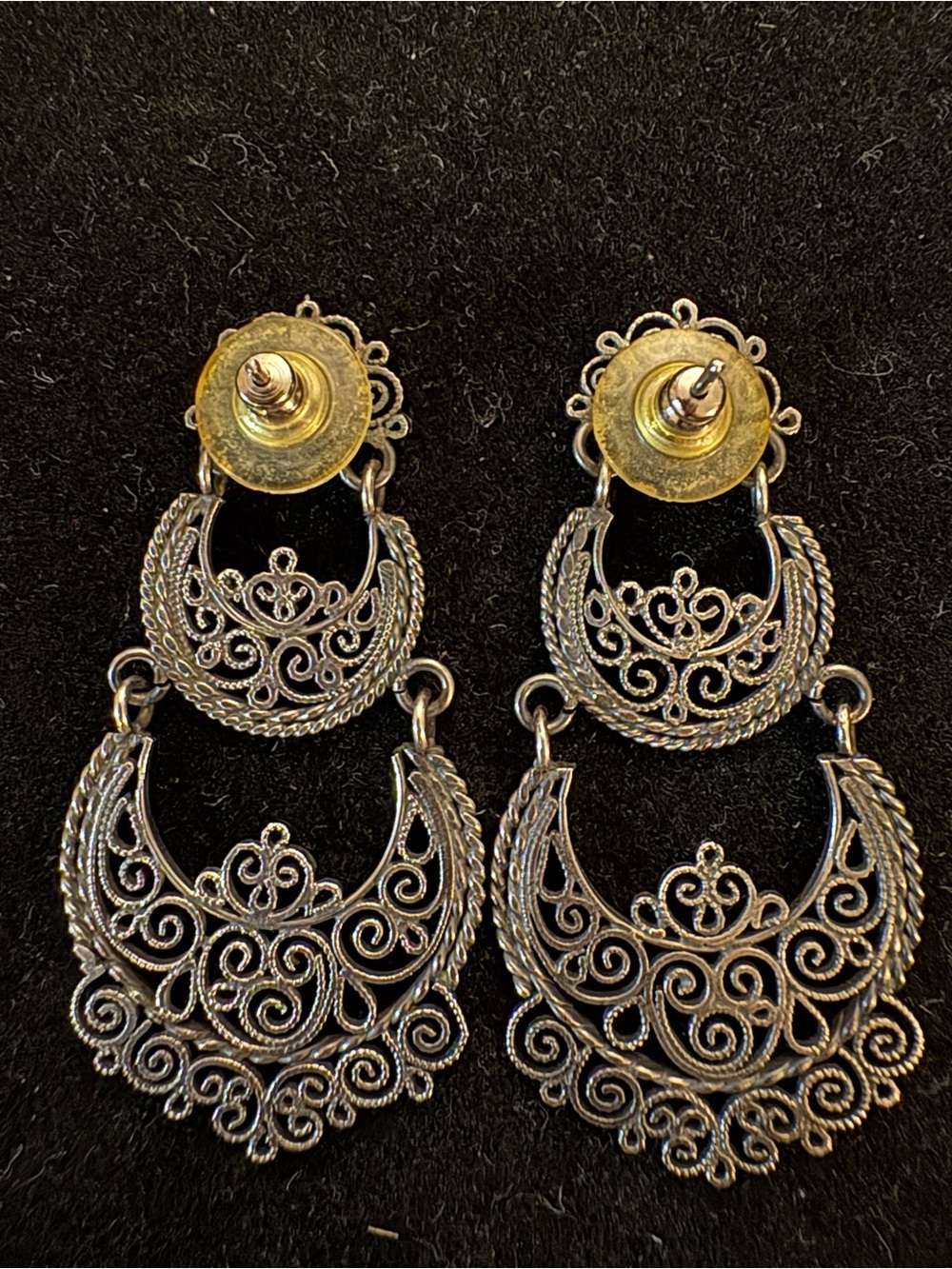 Boho Chic Silver Tone Filigree Rustic Double Drop Chandelier Statement Earrings - Picture 4 of 6
